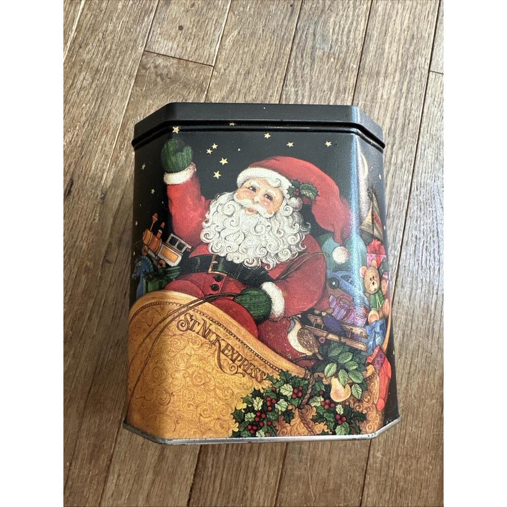 Vintage Christmas Tin Santa Sleigh Toys‎ Holiday Decor Multi-Color Octagonal